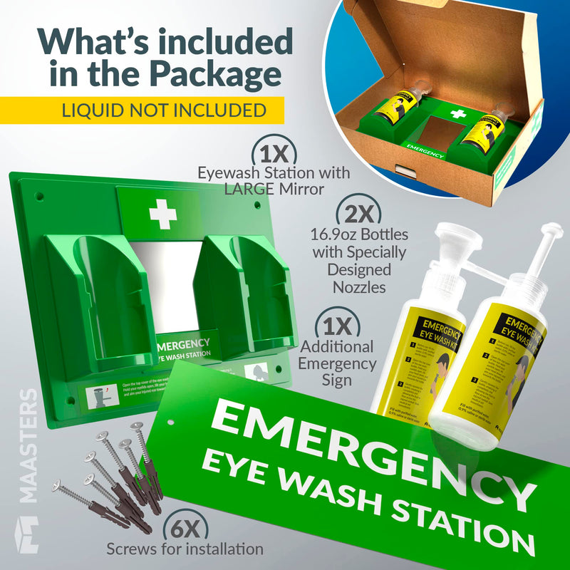 BPA Free Portable Eye Wash Station OSHA Approved - Wall-Mounted First Aid Eye Wash Kit w/Mirror & 2X 16oz Empty Bottles - No Eye Wash Solution Included - Emergency Eyewash - Set of 1 Green