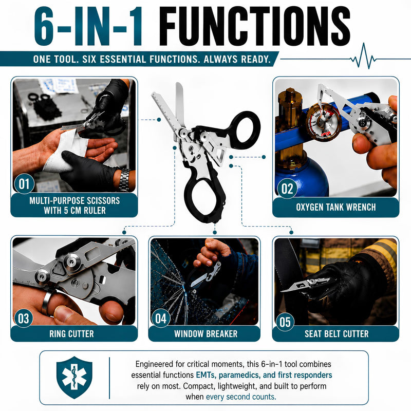 Heavy Duty 6 in 1 Multifunctional EMT Trauma Shears Foldable with Strap Cutter | Stainless Steel Emergency Response Medical Scissors | Tactical Survival Shears with Holster