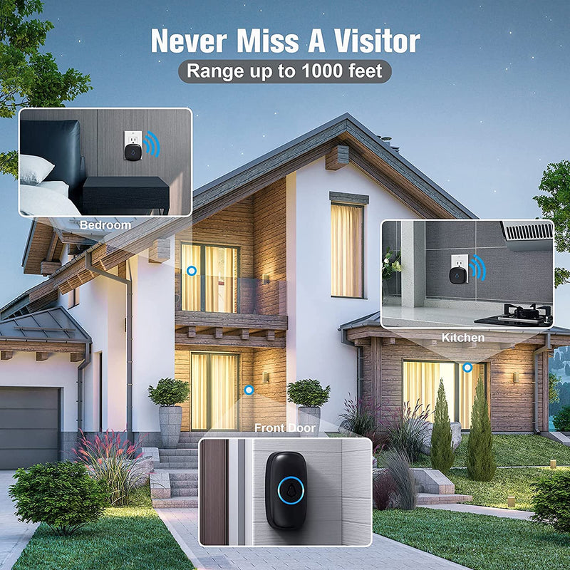 SECRUI Wireless Doorbell with 3Receivers 2 Push Buttons, Easy installation, Adjustable Volume, 58 Chimes, Colorful LED, 1000Ft Range, M520+F55, Black 3 receivers 2 push buttons