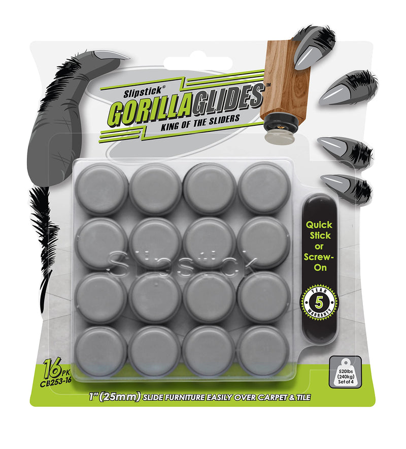 GorillaGlides 1 Inch Chair Sliders/Furniture Floor Protectors (16 Furniture Glides) Self-Adhesive Screw On Chair Glides for Sliding on Low-Pile Carpet & Hard Surface Floors, Round 1 Inch - 16 Pack
