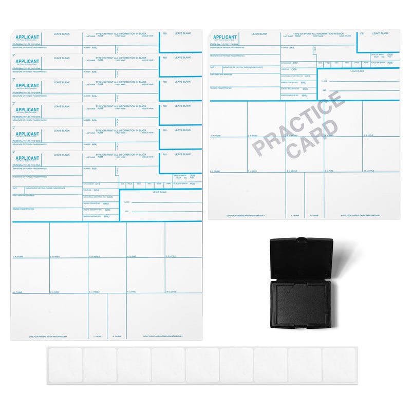 Made in USA - FD 258 Fingerprint Card 2025 Kit Full (6 Cards + 1 Practice Card) w/Reusable Ink Pad, Correction Tabs, Instructions FD258