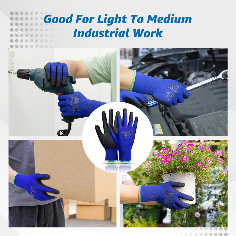 Safety Gloves for Men and Women - Microfoam Nitrile Work Gloves Large, Thin With Touchscreen Fingers and Grip - 12 Pairs, Blue