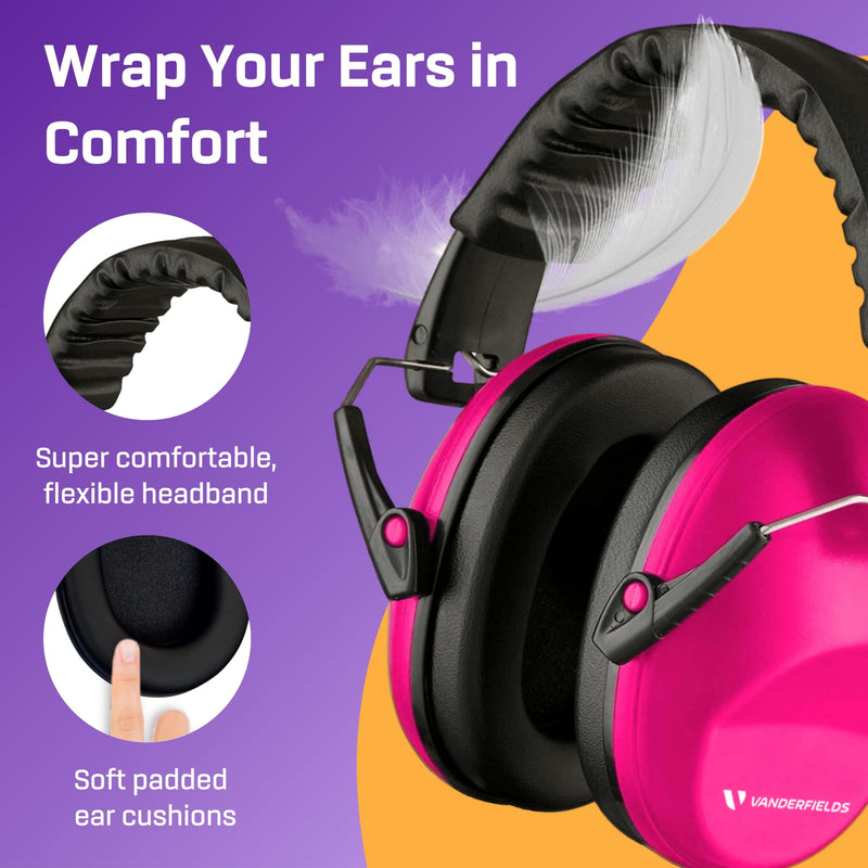 Vanderfields Hearing Protection Ear Muffs for Noise Reduction, 26dB Certified, Noise Cancelling Safety Ear Protection for Shooting, Adult Headphones for Lawn Mowing, DIY, Construction, Woodworking Pink