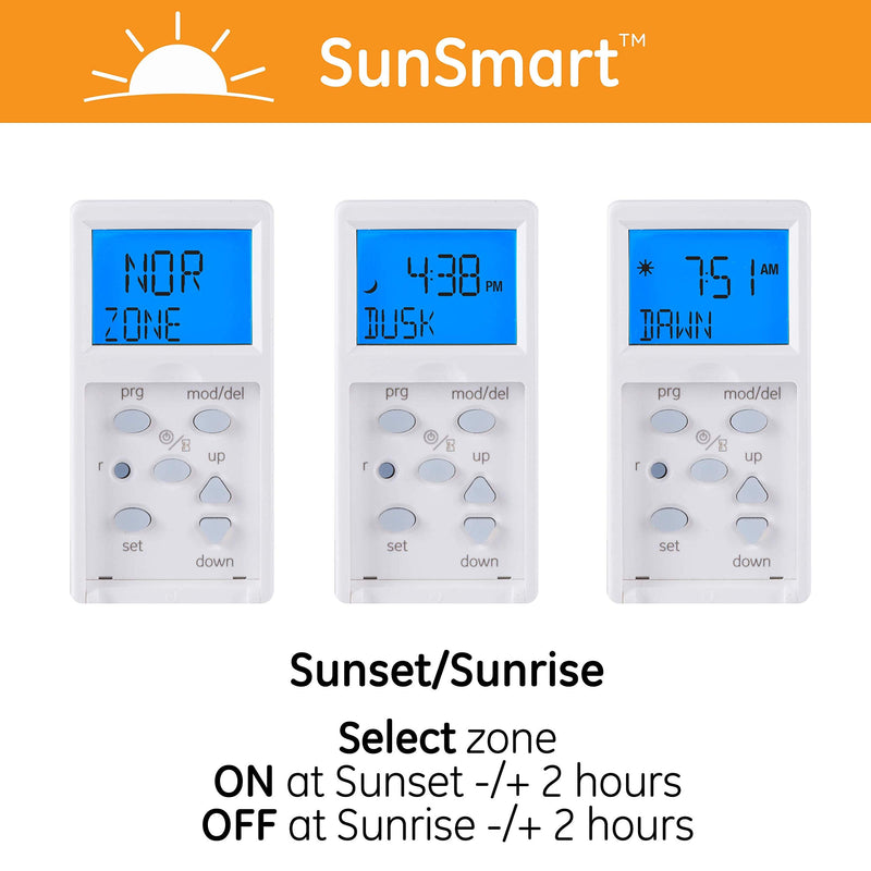 GE SunSmart Digital in-Wall Timer, Daily ON/Off Times, Programmable Settings, Sunset/Sunrise Presets, Vacation Security, White & Almond, Lights, Fans, Heaters, Timer Switch, Light Switch Timer, 32787