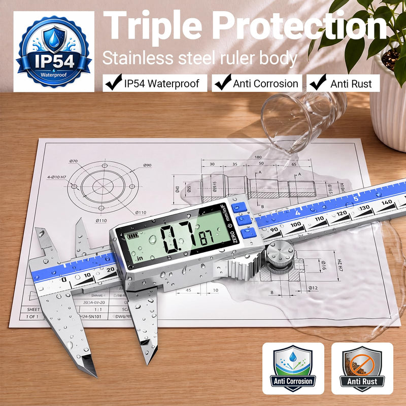 Preciva Digital Caliper 8 Inch, Rechargeable Stainless Steel Vernier Caliper with Large Display, Auto Off, Precision Inch/mm/Fraction Measuring Tool for DIY/Household/Woodworking
