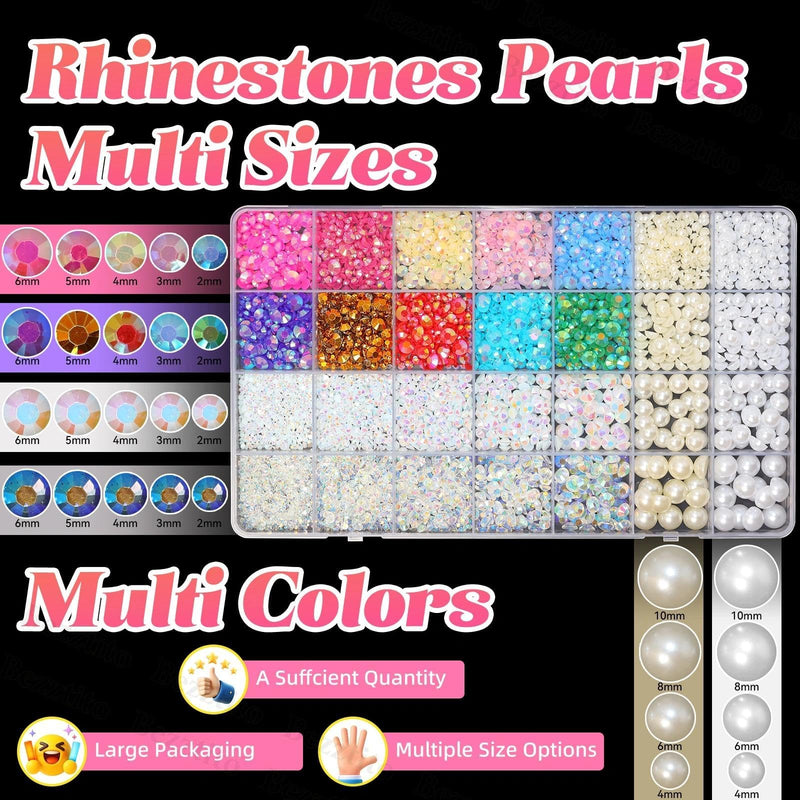 14000Pcs Colorful Jelly Flatback Rhinestones and Pearls for Bedazzling Kit, 2-6mm Resin Gems Bedazzling Rhinestone, 4-10mm Flatback Pearls Gems Rhinestones for Crafting DIY Face Makeup S18