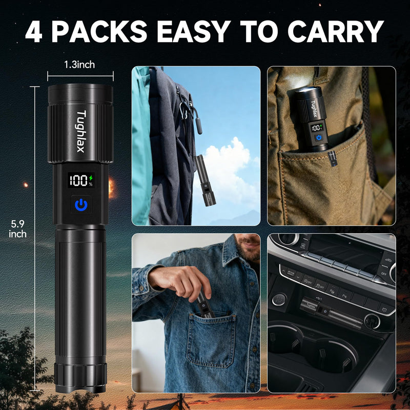 4Pack Rechargeable Flashlights High Lumens 10000LM, Super Bright Flashlight with LCD Digital Display, 5 Modes Adjustable Flash Light, LED Flashlight Powerful, Tactical Flashlights for Home