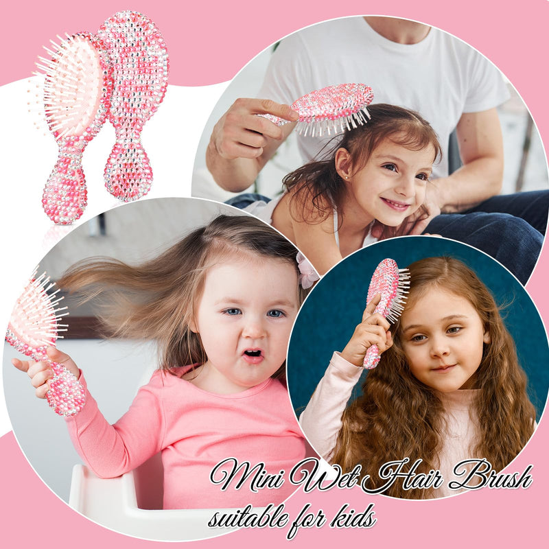 Thyle 4 Pcs Rhinestone Handheld Mirror and Bling Hair Brush Set 2 Cute Heart Shaped Mirror 2 Wet and Dry Hair Brush for Women, Girls Bride, Bridesmaid Gift(Pink)