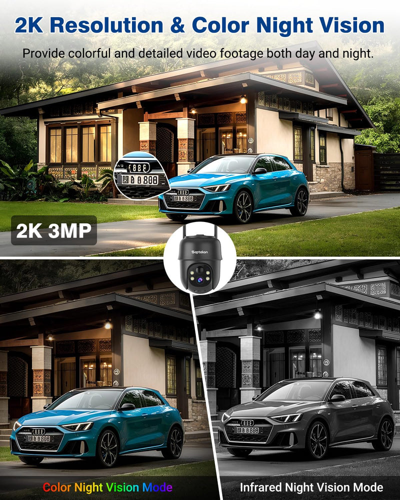 Septekon 2K Solar Security Cameras Wireless Outdoor, 360°PTZ Battery Powered Outdoor Camera, 2.4G WiFi Camera with Spotlight Color Night Vision, Motion Sensor Alarm, IP66, Black