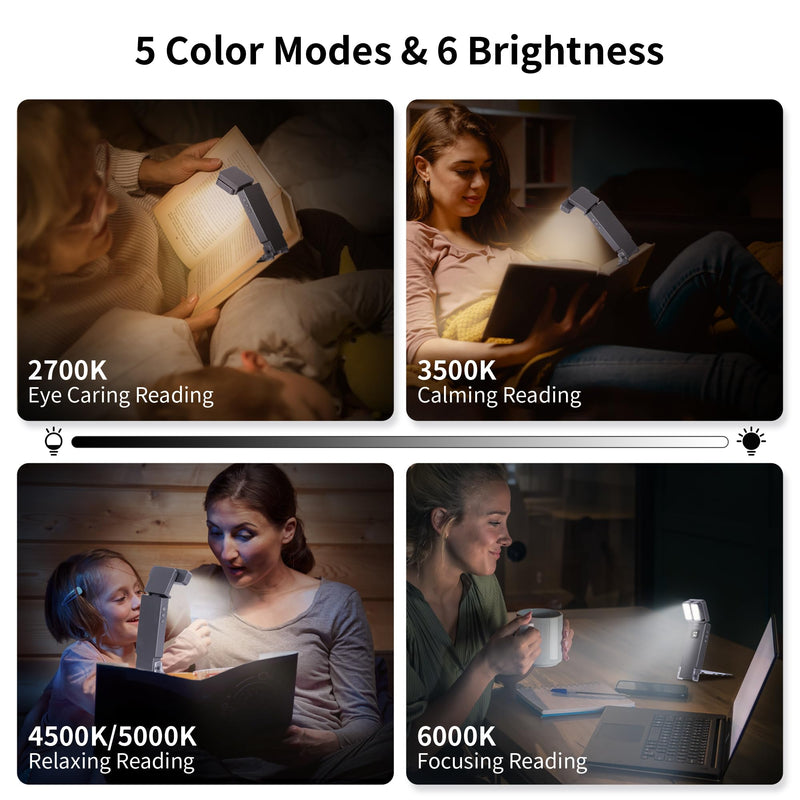 Dott Arts Book Light,1000mAh Dual-Heads Reading Light for Bedtime with Screen Display.Rechargeable Ultralight Clip on LED Bookmark Lamp with 5 Color,6 Brightness Levels,Timer Function.Black Black