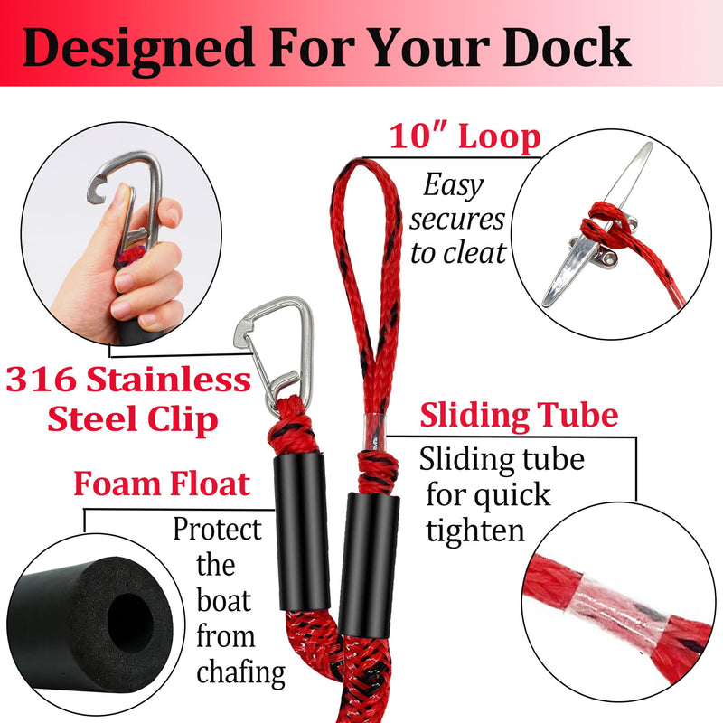 Boat Dock Lines -(Combo 4 ft + 6 ft) Shock Absorber Mooring Ropes with Clip，Boating Docking Ties,Boat Accessories for SeaDoo/Waverunner, Kayak, Pontoon, Dinghy & Small Boats (Red&Black) Red&Black