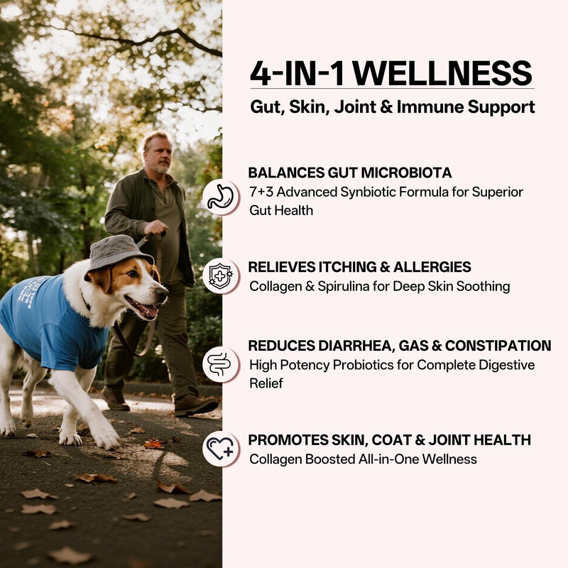 Probiotics for Dogs & Cats, Daily Digestive & Gut Health Supplement, 7 Strains & 3 Prebiotics, Supports Stool Balance, Occasional Diarrhea & Gas, Collagen & Spirulina for Skin Health & Itch Support