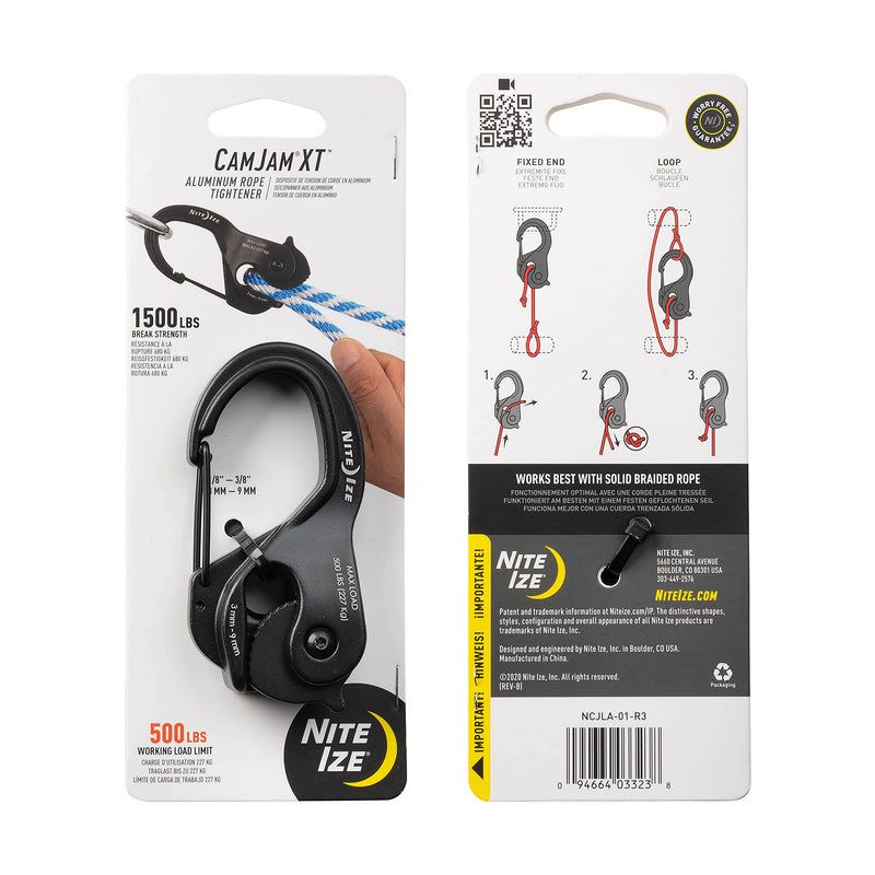 Nite Ize CamJam XT Aluminum Rope Tightener, Large - Versatile Tie Down Cam Mechanism with Carabiner Clip - Secure Hiking Gear Essential - Rope Tie Down Accessory - Large, Black