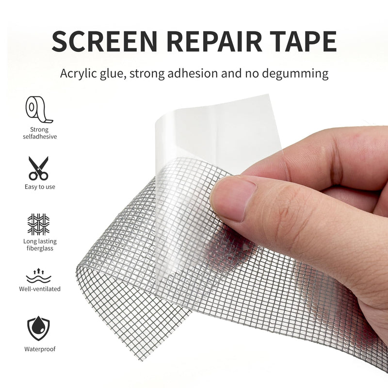 Grey Window Screen Repair Kit 16.5FT 3-Layer Strong Adhesive & Waterproof Tape Fiberglass Covering mesh, Repair for Window Screen and Screen Door tears Holes