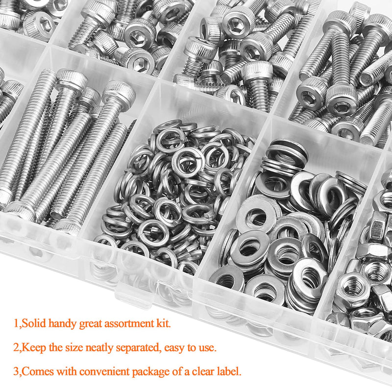 350 Pieces M4 x 6mm /8mm /12mm /16mm /20mm /25mm /30mm, Hex Socket Head Cap Screws Bolts Washers Nuts Kit, 304 Stainless Steel Socket Head Screws