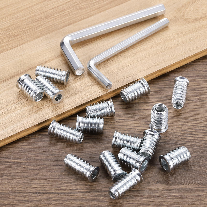 uxcell 100 Pcs Threaded Insert for Wood, 1/4" - 20 Carbon Steel Threaded Studs Hex Socket Drive Nut Inserts Screw in Nut Fastener Connector with Hex Wrench 20mm Length for Home, Silver 1/4"-20x20mm
