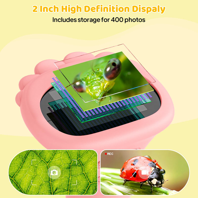 Kids Magnifying Glass, 2.0 Inch Digital Screen Mini Pocket Microscope for Bug - 200x Zoom Handheld Microscope with Adjustable Lights, Edu Birthday Gifts for Age 3-12 Girls Pink