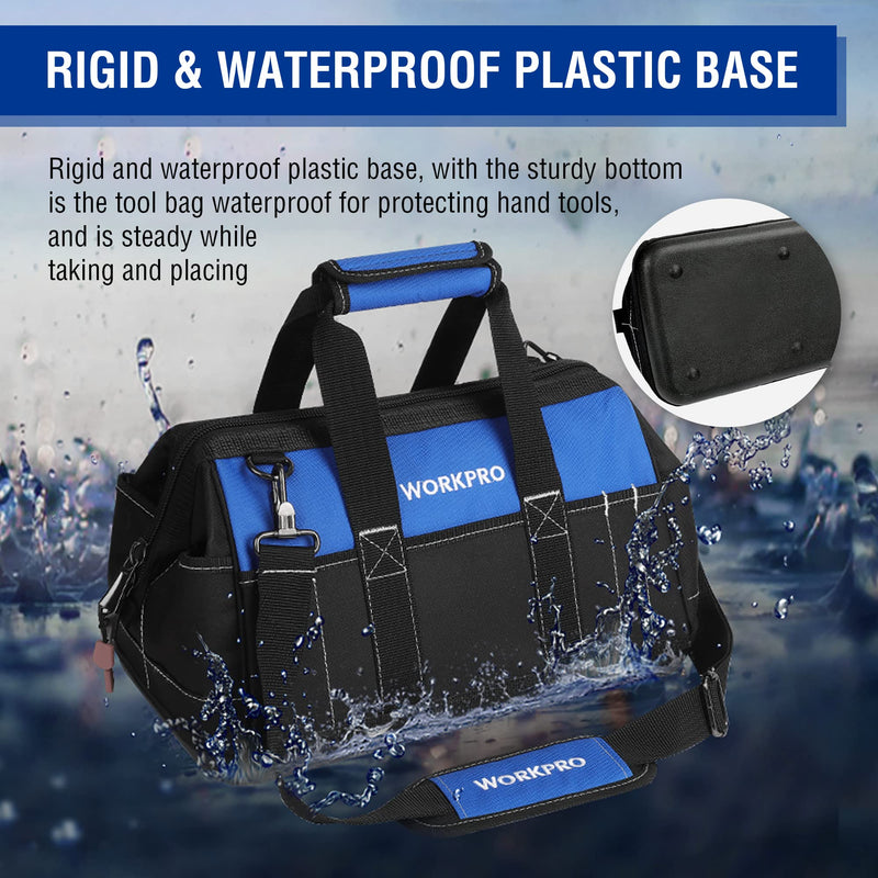 WORKPRO 16-inch Wide Mouth Tool Bag with Water Proof Molded Base Black&Blue