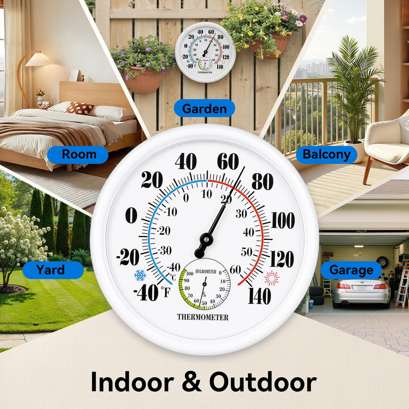 Outdoor Thermometer Waterproof, 10 Inch Large Wall Mount, Easy to Read Outdside Thermometer Hygrometer, Analog Temperature Humidity Gauge for Indoor, Patio, Garden, Garage, White