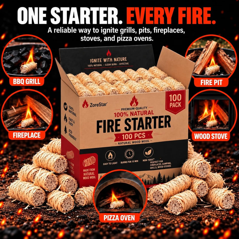 Fire Starters for Woodstoves - XXL Pack of 100 Charcoal and Wood Fire Starters for Quick Ignition - Ideal for Campfires, Fireplaces, Grills, Fire Pits - Reliable Outdoor Fire Starter Kit 100pcs