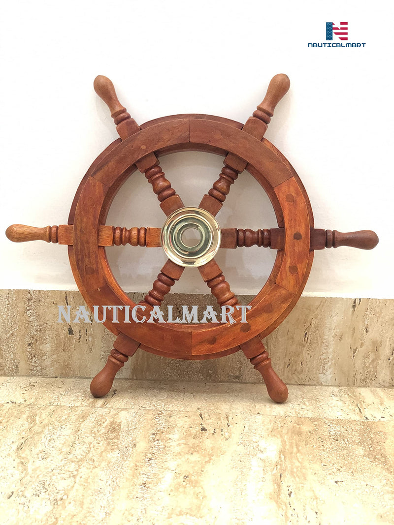 Captain’s Wooden Ship Wheel 12” – Handcrafted Wheel with Brass Ring & Hub, Nautical Wall Décor,Pirate and Beach-Themed Home or Office