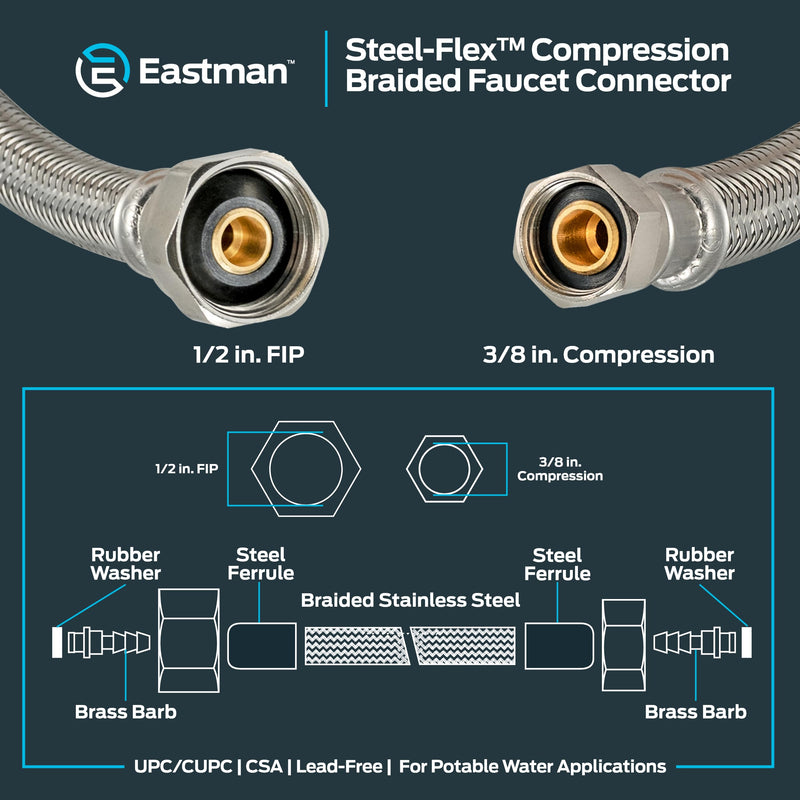 Eastman 20 inch Steel-Flex Braided Faucet Connector, 1/2 Inch FIP x 3/8 Inch Compression, Stainless Steel Faucet Supply Line, 48005N 20 in.