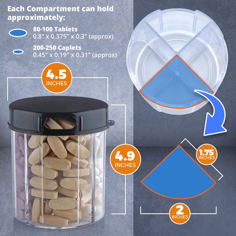 Round Pill Organizer Dispenser - Pack of 2 - Pill Boxes with 4 Compartments for Medication, Vitamins & Supplements Bottle Daily Pill Case Reminder Box, (Black and Clear) 2 Count (Pack of 1) Black & Clear