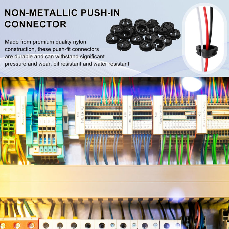 50pcs Push-in Cable Connectors, 3/8 Inch Trade Size Non-Metallic Push In Connector Plastic Electrical Box Wire Inserts Button Push-in NM Cable Clamps Connector for 1/2 Inch Knockouts (Black) Black