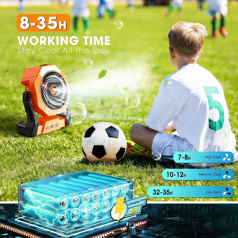 Ausic Portable Misting Camping Fans, [Max 35H Runtime] Outdoor Cooling Fan for Patios, 8 Inch Battery Operated Rechargeable Fans, Water Spray Fan with LED Light, Travel Beach Camp Essential 8-35Hrs Runtime Orange