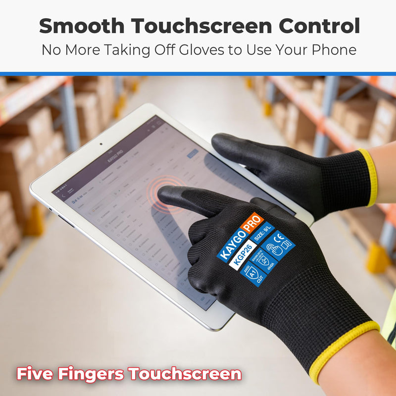 KAYGO Cut Resistant Gloves PU Coated, 12 Pairs Safety Work Gloves with Full Fingers Touchscreen, ANSI Cut Level A1, KGP26 Black Medium