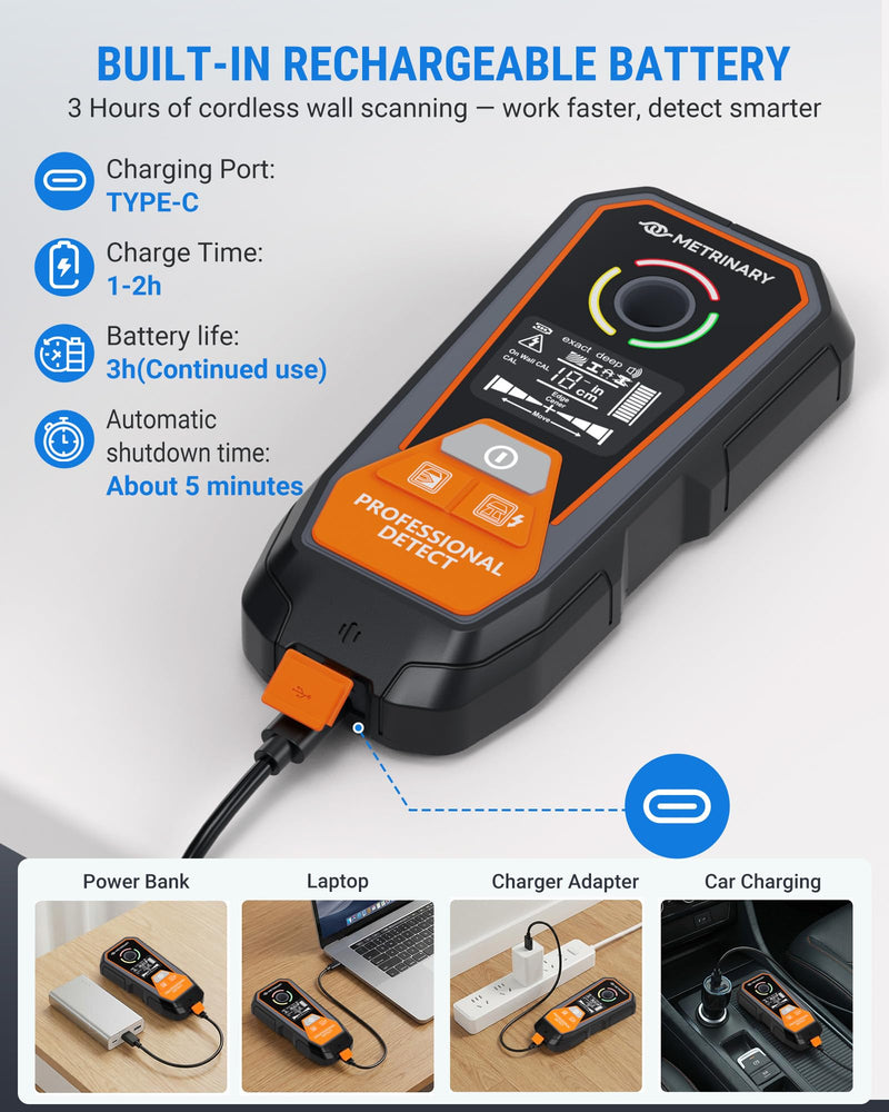 Stud Finder Wall Scanner, 6 in 1 Rechargeable Stud Finder Tool with LCD Display Sound Alarm Wood Beam Detector with Positioning Hole Locate Center and Edge of Metal AC Wires Studs Joist Pipe