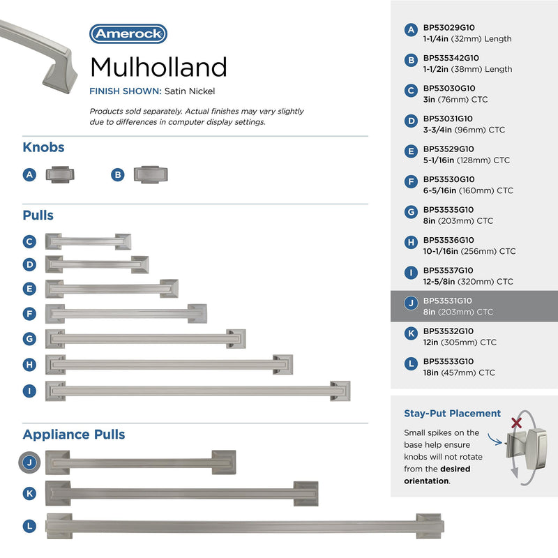 Amerock | Appliance Pull | Satin Nickel | 8 inch (203 mm) Center to Center | Mulholland | 1 Pack | Drawer Pull | Drawer Handle | Cabinet Hardware 8 in (203 mm) Center-to-Center