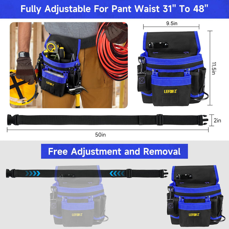 Tool Belt,Magnetic Tool Pouch,14-Pockets Tool Belts for Men,Detachable & Adjustable Tool Pouch belt for Electrician,Carpenter,Construction,Work Apron,Utility Belt,Black-Blue Black&blue