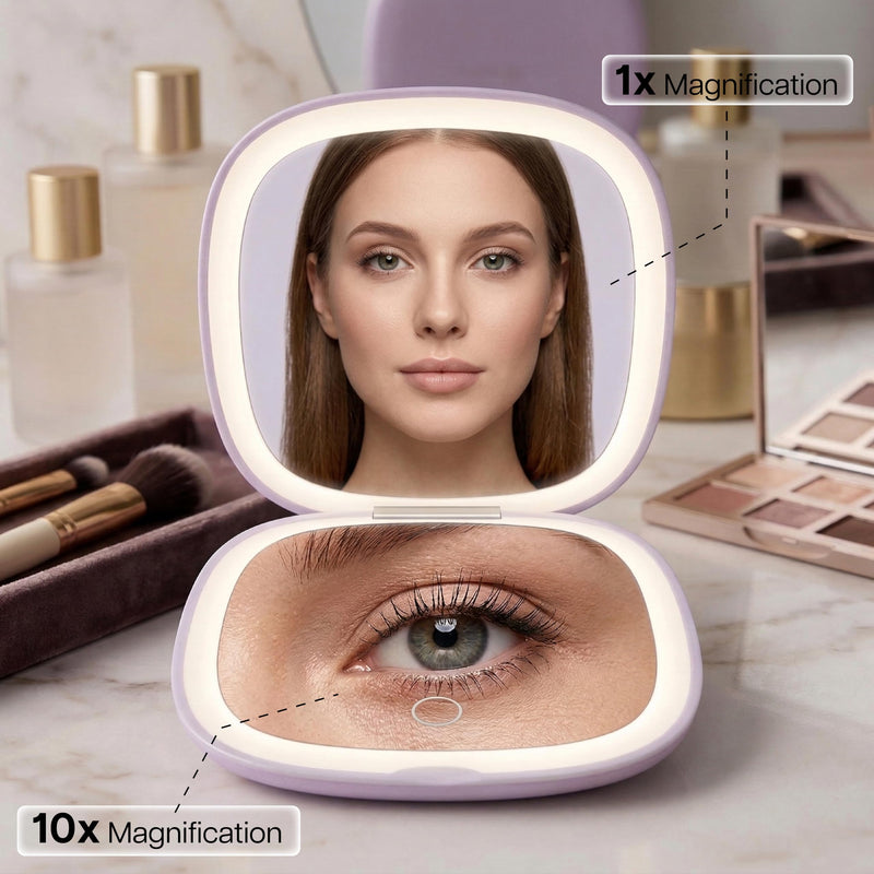 Lighted Makeup Mirror for Women, Portable, LED Light, USB Charging, auto on/Off, 1x/10x Magnification and 3 Light Color Settings, dimmable (Lavender) Lavender
