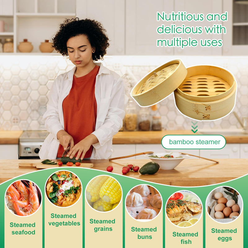 Small Bamboo Steamer for Steamed Buns, Bamboo Steamer 6 inch to 8 inch，2-Tier Bamboo Steamer Basket, Used for Steaming Buns, Rice, Dumplings, Vegetable Steamer Basket (Natural Bamboo) (7" Bamboo Steamer) 7" Bamboo Steamer