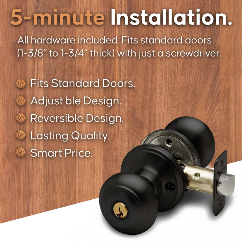 Copper Creek Colonial Entry Door Knob – Keyed Entry Handle with Lock and Key, ANSI Grade-3 Certified, DIY-Friendly Install for Interior and Exterior Entrance Doors – Matte Black (3 Pack) 3 Pack
