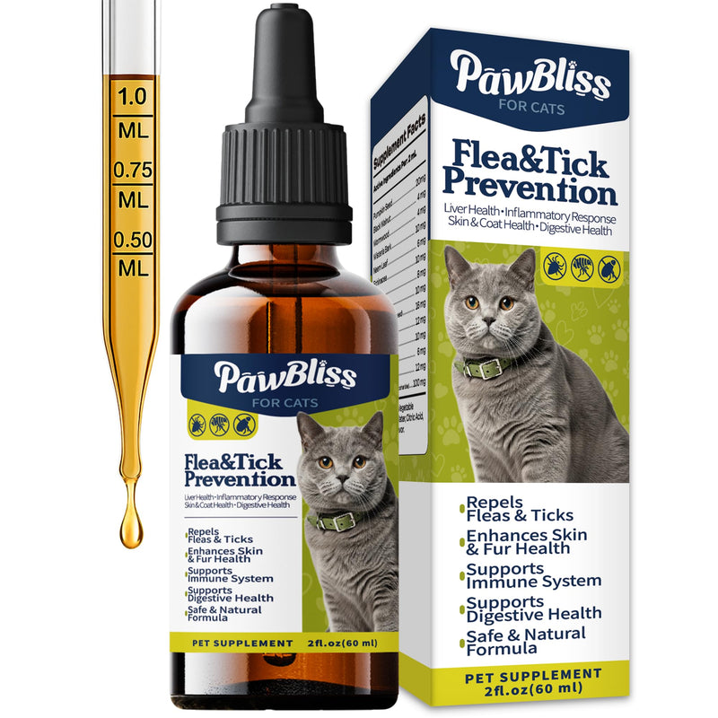 Flea and Tick Prevention for Cats, Pets Oral Natural Supplement Drops with Multivitamin Support for All Breeds and Ages