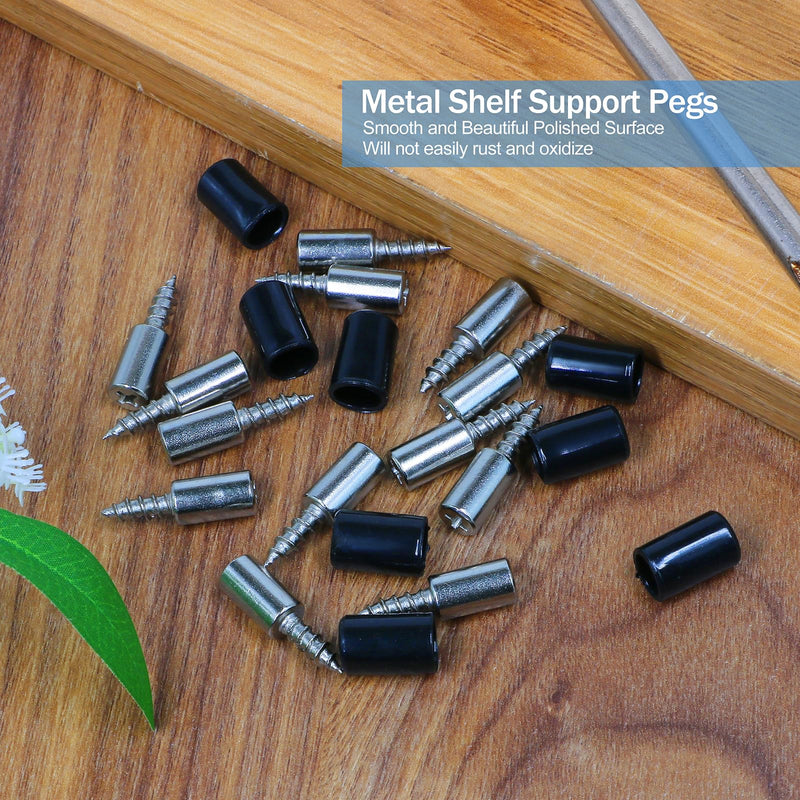 12pcs Screw in Shelf Pins with Anti-Slip Black Sleeve, Nickel Plated Shelf Pegs Cabinet Shelf Holders Shelf Support Pegs, Small Shelf Brackets Phillips Head Pegs for Shelves 12