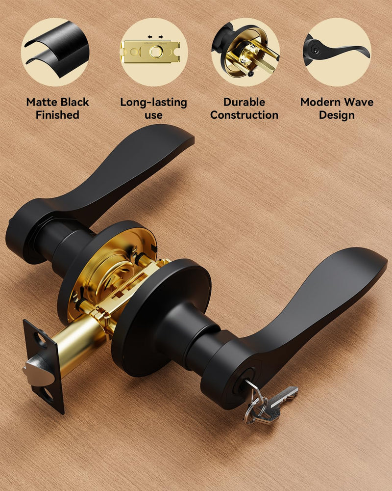 2 Pack Entry Black Door Handle with Lock and Key, Keyed Different Door Levers Interior Exterior Handle Lock, Reversible Front Entrance for Bedroom Wave Style Lever Handles 2 Pack Matte Black