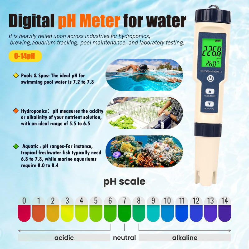 Pool Salinity Tester & pH Meter,Digital 5-in-1 Water Meter (Salt, pH, Temp, EC and TDS) -High Accuracy, Suitable for Swimming Pools, Hot Tubs, Aquariums,Hydroponics and Drinking Water