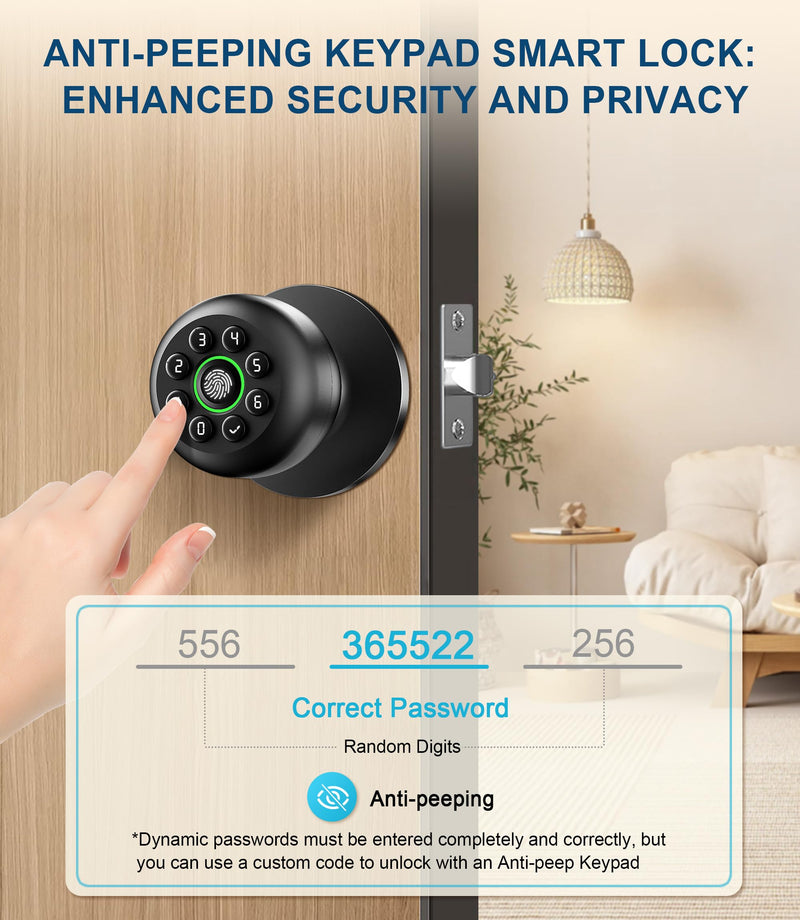 Fingerprint Door Lock, Smart Fingerprint Door Knob with Keypad, Biometric Door knobs with App Control, Auto Lock Door Lock with Code, Keyless Door Knob with Locks for Bedroom, Home,Office-Matte Black Matte Black