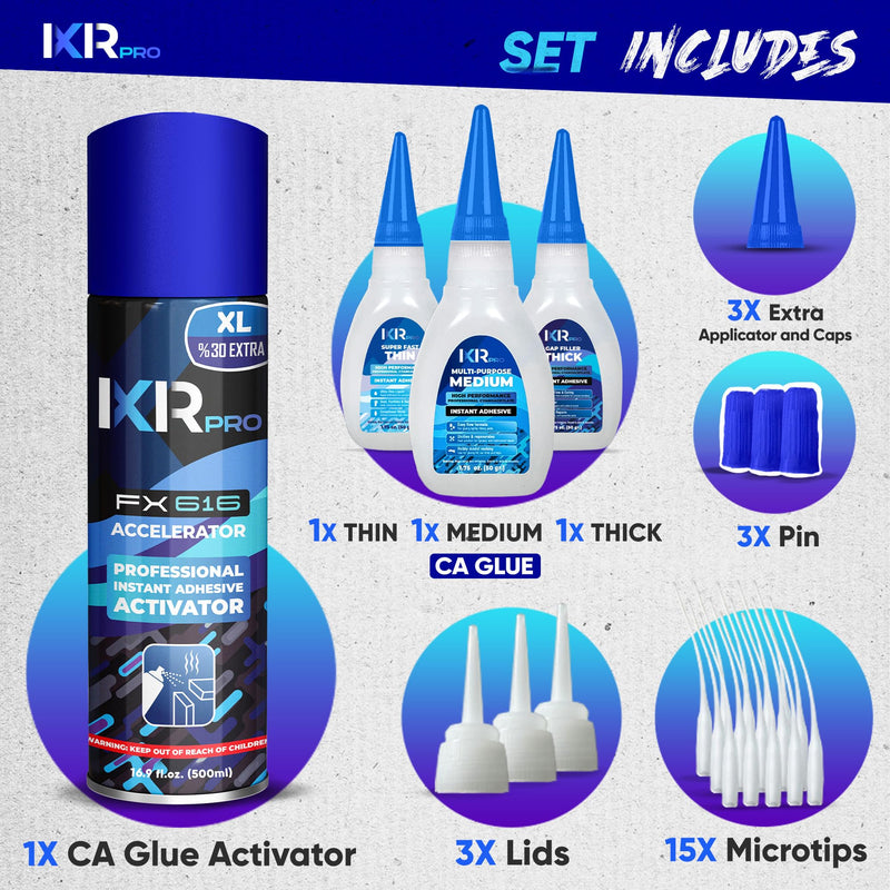 CA Glue with Activator Kit (3x1.75 oz. Thin-Medium-Thick + 16.9 fl.oz.) Cyanoacrylate Glue and Activator, Super Glue Accelerator, Super Glue for Wood, Woodworking, Plastic, Guitar, 3D Printing 1 Pack