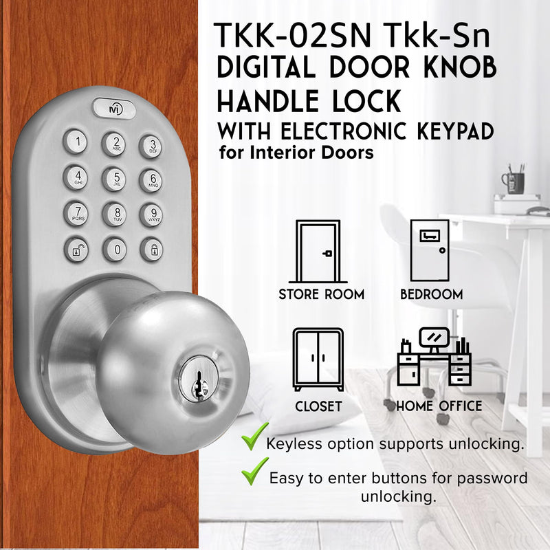 MiLocks TKK-02SN Tkk-Sn Digital Door Knob Lock with Electronic Keypad, Satin Nickel, Keypad, Keyless