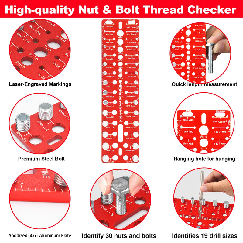 49-Piece Nut and Bolt Thread Checker | 15 Metric & 15 Standard Sizes with 19 Drill Gauges, Wall-Mountable Bolt Size Finder for Quick Identification (DIY/Automotive/Industrial)