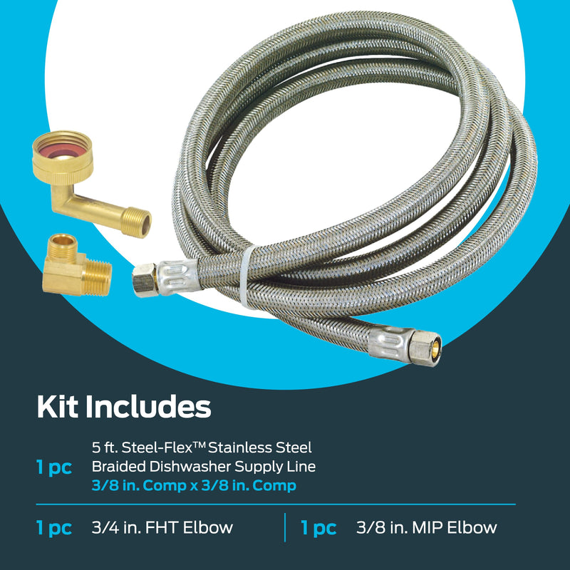 Eastman Dishwasher Installation Kit, 5 Foot Supply Line with 3/8 Inch Compression Ends, 3/8 Inch MIP Elbow and 3/4 Inch FHT Elbow, Braided Stainless Steel Dishwasher Connectors, 41041 5 Ft.