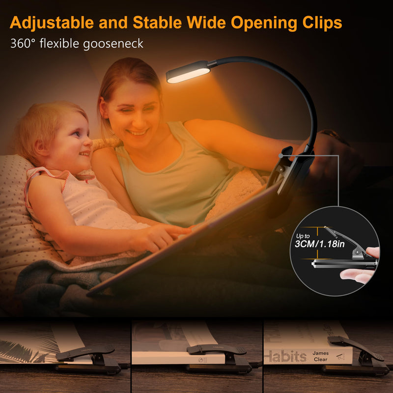 Gritin 16 LED Rechargeable Book Light for Reading in Bed- Eye Caring 3 Color Temperatures, Stepless Dimming Brightness, 80 Hrs Runtime, Lightweight Flexible Clip on Book Light for Book Lovers Black