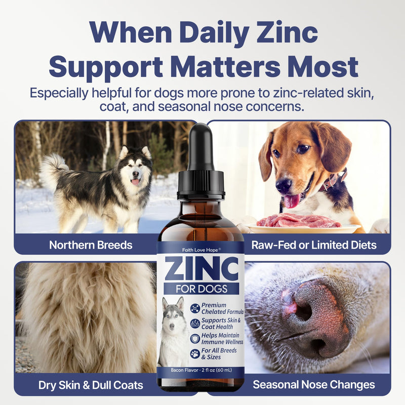 Zinc for Dogs - Dog Skin and Coat Supplement, Chelated Zinc Liquid Drops for Immune Support, Excessive Shedding, Itchy Skin, Husky Snow Nose, Homemade Dog Food Supplement, for All Breeds, 2 Fl Oz