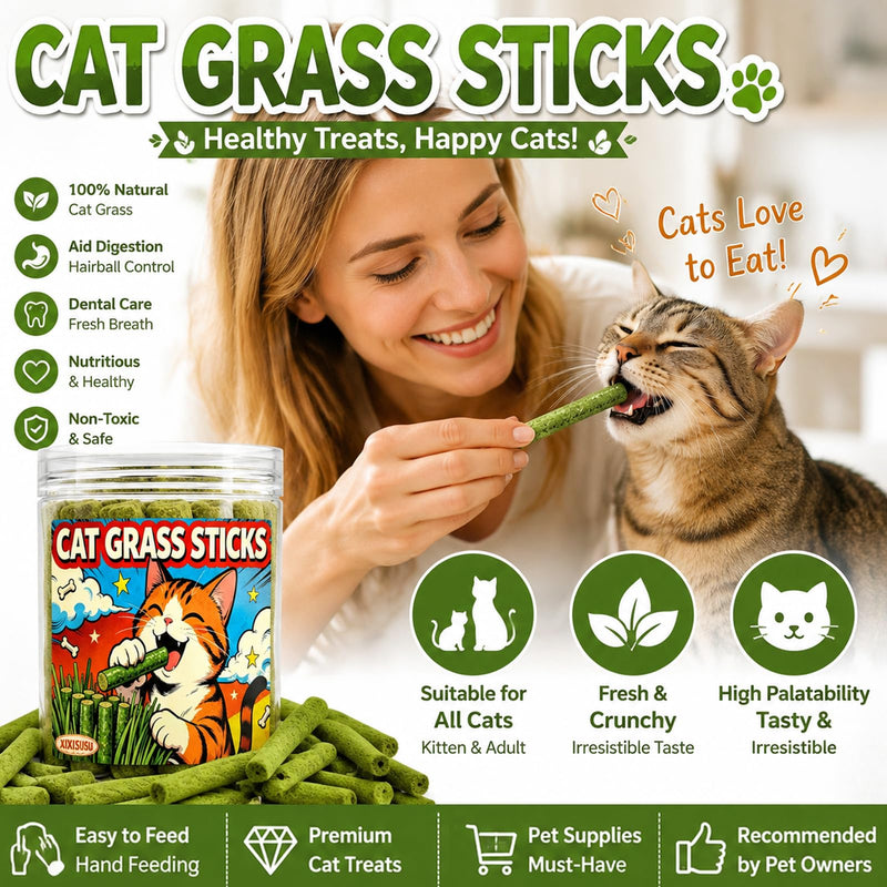 Cat Grass Teething Sticks for Indoor Cats - Freeze Dried Chew Toy for Hairball Control & Teeth Cleaning, 3oz Resealable Jar of Cat Grass Sticks 3 oz