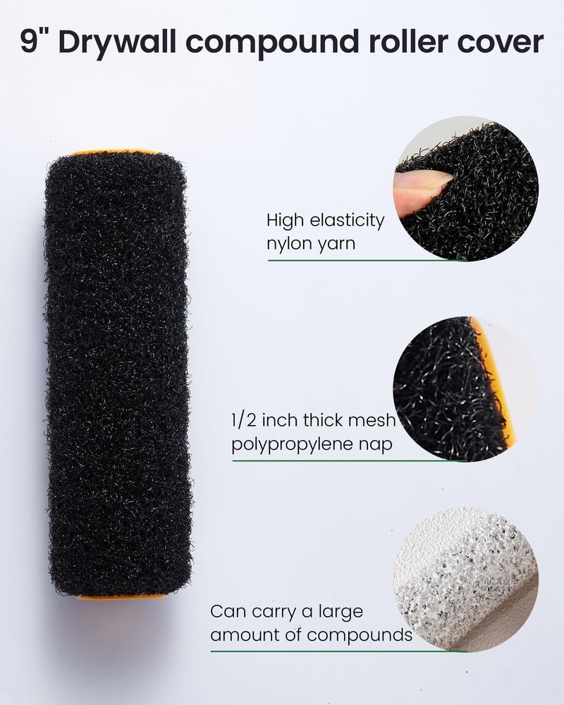 Voomey 3 Pcs 9 Inch Drywall Compound Roller Cover with Paint Roller Frame 3pcs 9" Drywall Compound Roller with roller frame