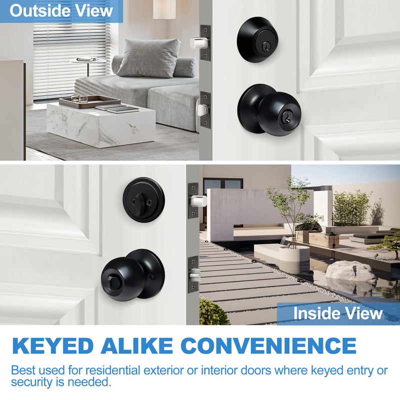 BESTTEN 2 Pack Keyed Same Exterior Door Knobs and Single Cylinder Deadbolts Combo Set, Keyed Alike Entry Door Knobs with Locks and Keys for Entrance and Front Door, Matte Black 2 PK Deadbolt Lockset